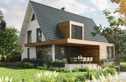 Neubau Haus in weiß mit Holzakzenten